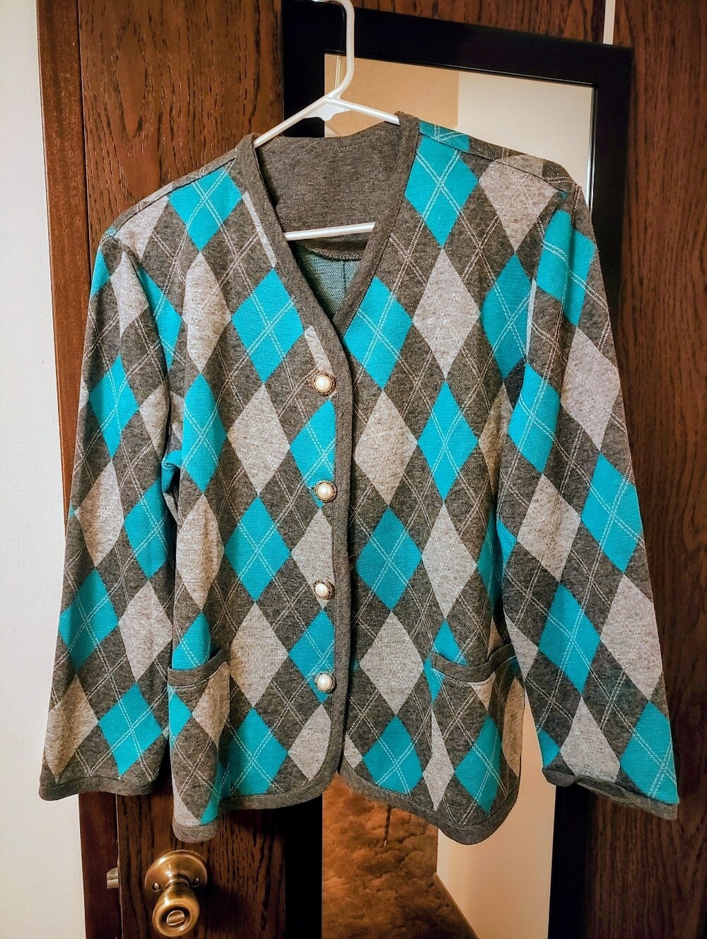 Vintage 1960's Double Knit Wool Blend Argyle Cardigan Sweater